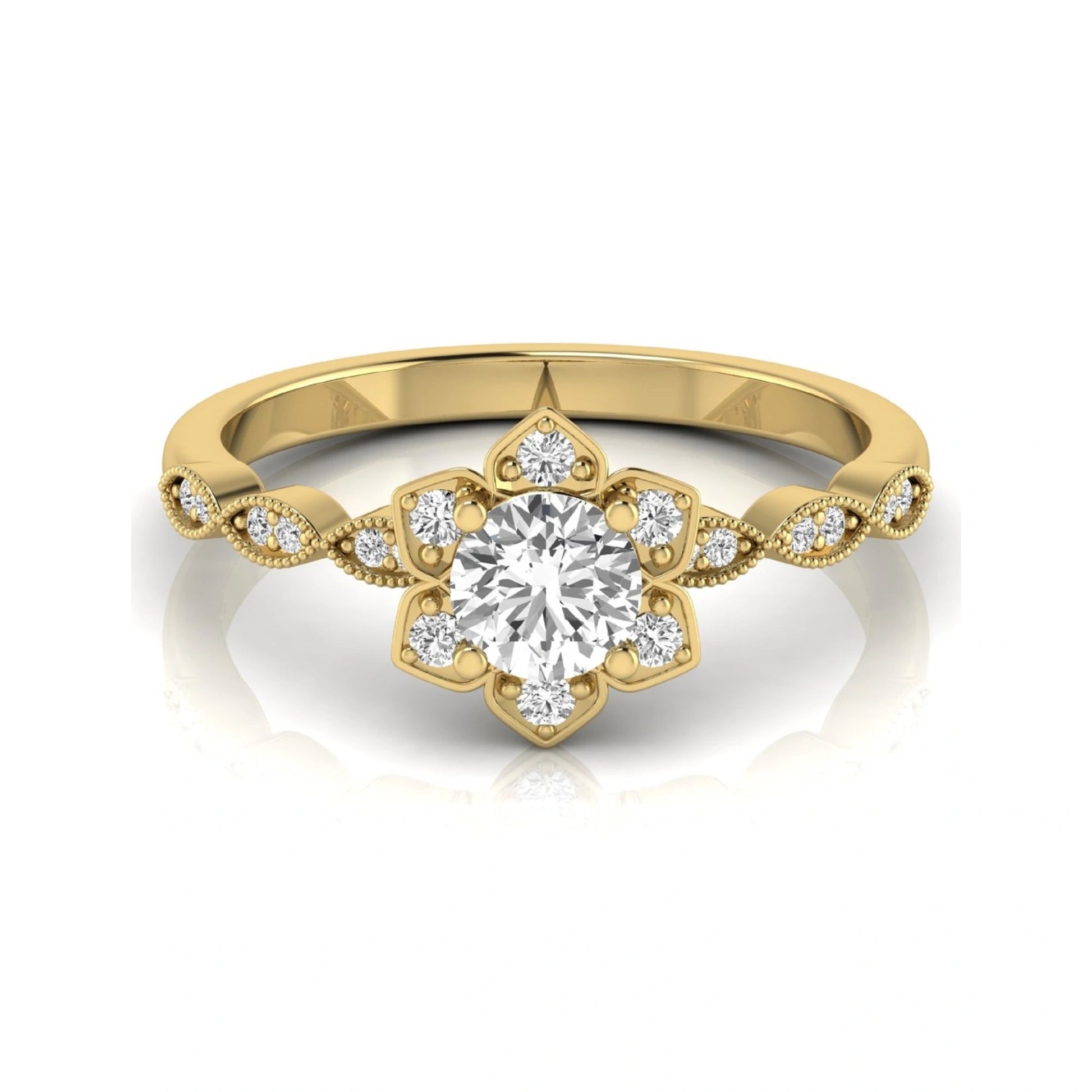 Round cut lab grown diamond floral engagement ring with diamond accented twisted band in yellow gold design