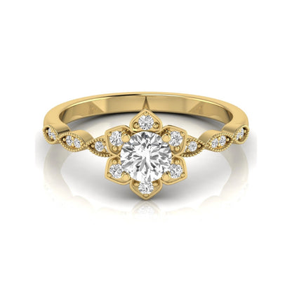 Round cut lab grown diamond floral engagement ring with diamond accented twisted band in yellow gold design