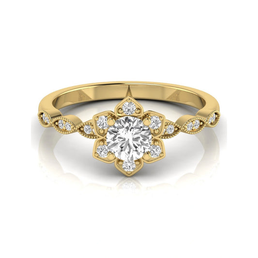 Round cut lab grown diamond floral engagement ring with diamond accented twisted band in yellow gold design