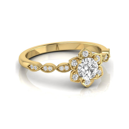 Round cut lab grown diamond floral engagement ring with diamond accented twisted band in yellow gold design
