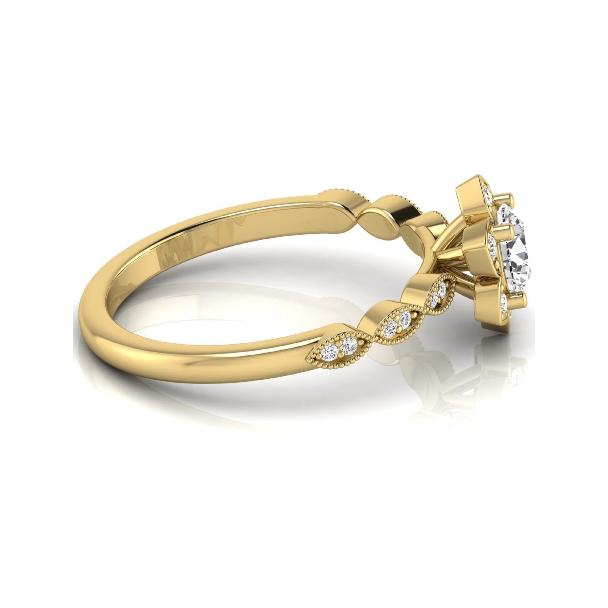 Round cut lab grown diamond floral engagement ring with diamond accented twisted band in yellow gold design
