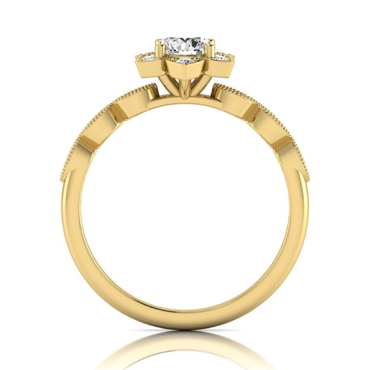 Round cut lab grown diamond floral engagement ring with diamond accented twisted band in yellow gold design