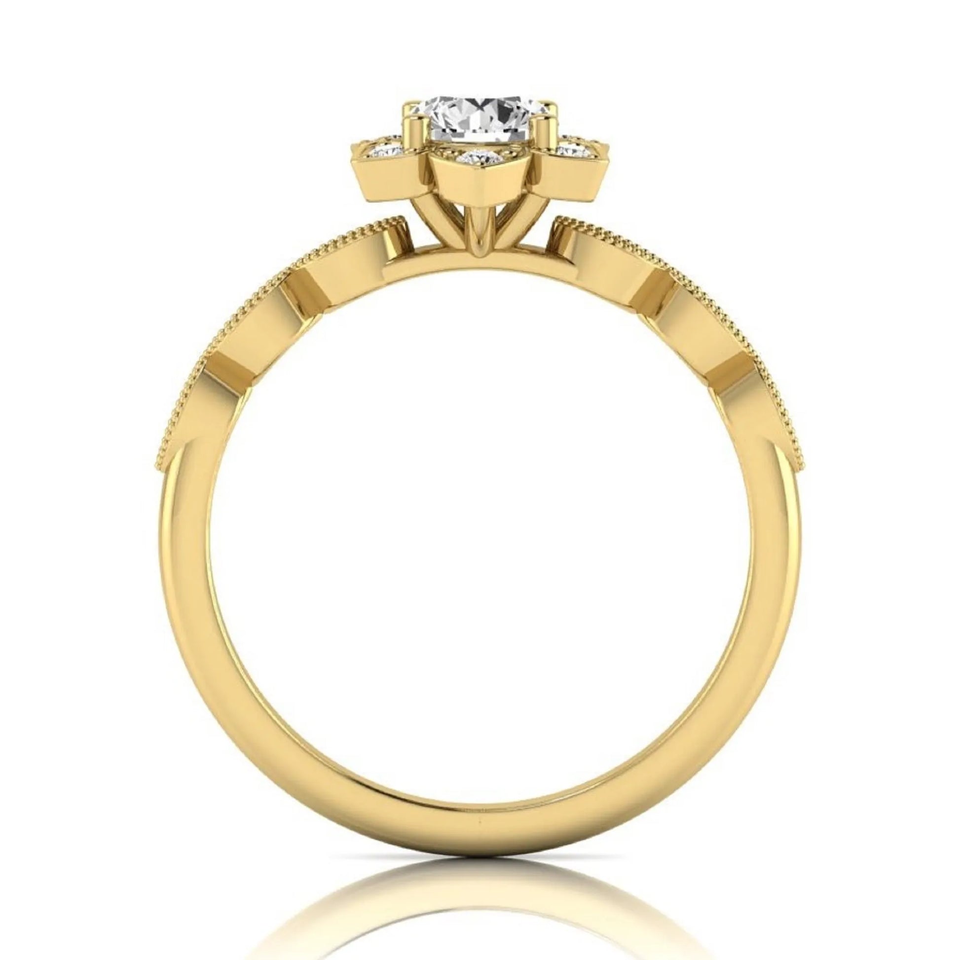 Round cut lab grown diamond floral engagement ring with diamond accented twisted band in yellow gold design