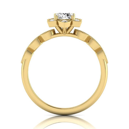 Round cut lab grown diamond floral engagement ring with diamond accented twisted band in yellow gold design