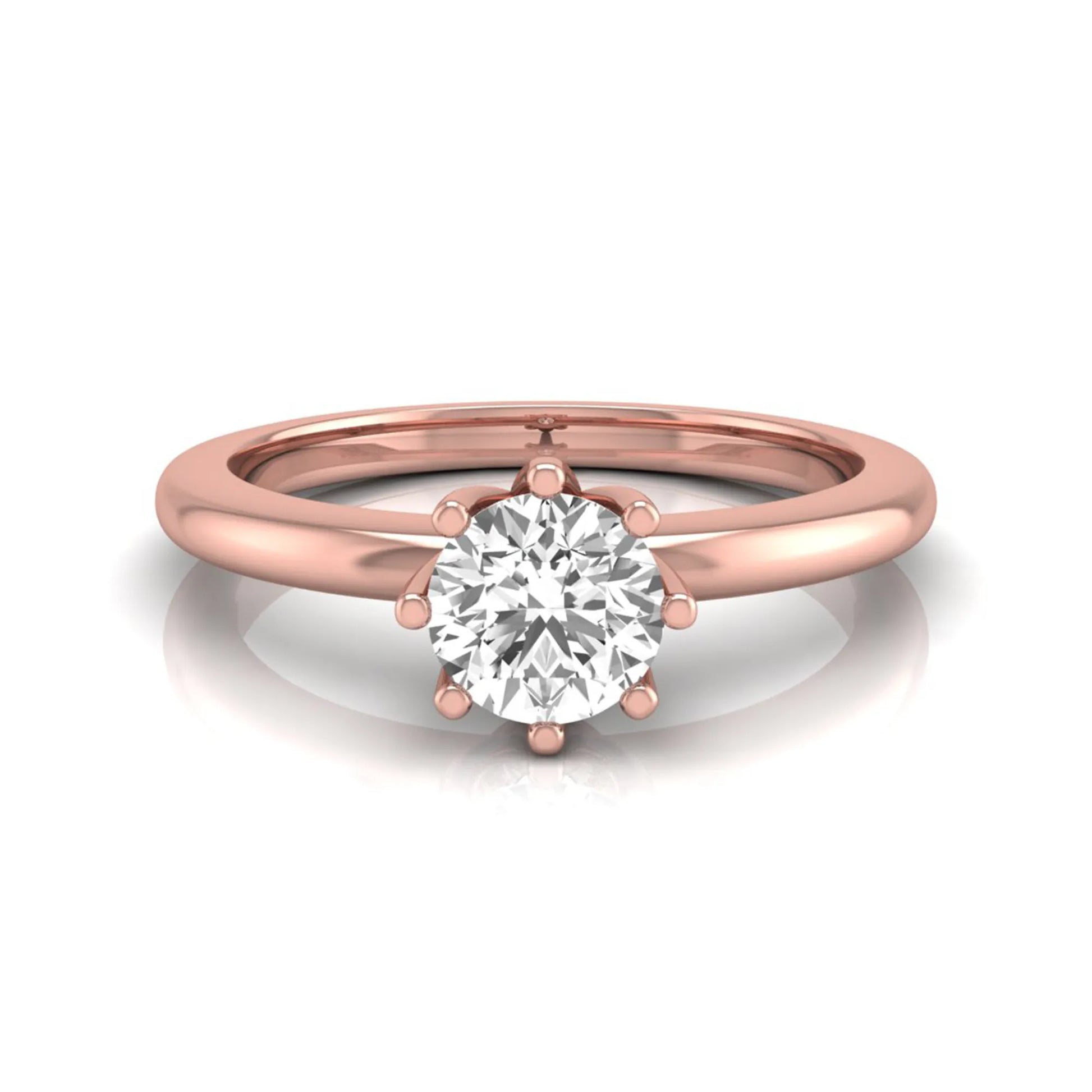 Round cut lab grown diamond 8 prong solitaire engagement ring featuring a 0.50 carat center diamond in rose gold.