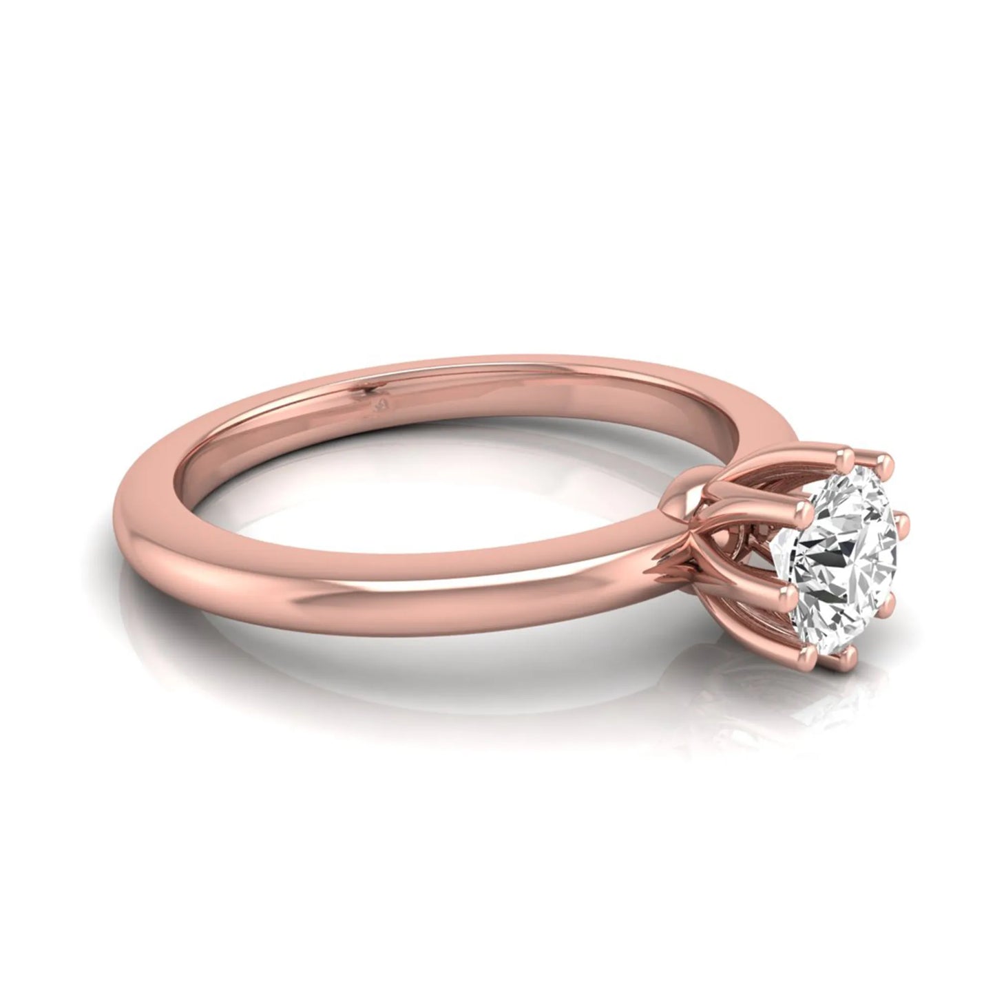 Round cut lab grown diamond 8 prong solitaire engagement ring featuring a 0.50 carat center diamond in rose gold.