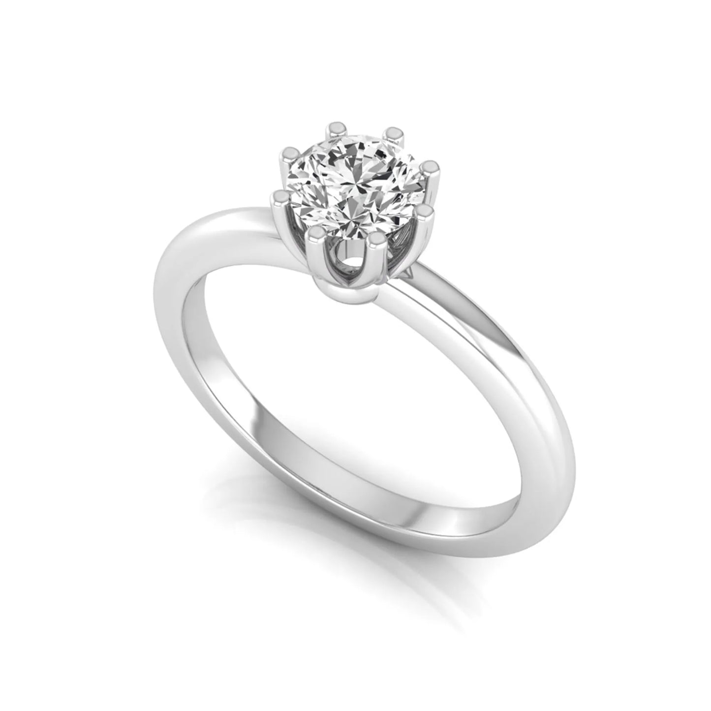 Round cut lab grown diamond 8 prong solitaire engagement ring featuring a 0.50 carat center diamond in white gold.