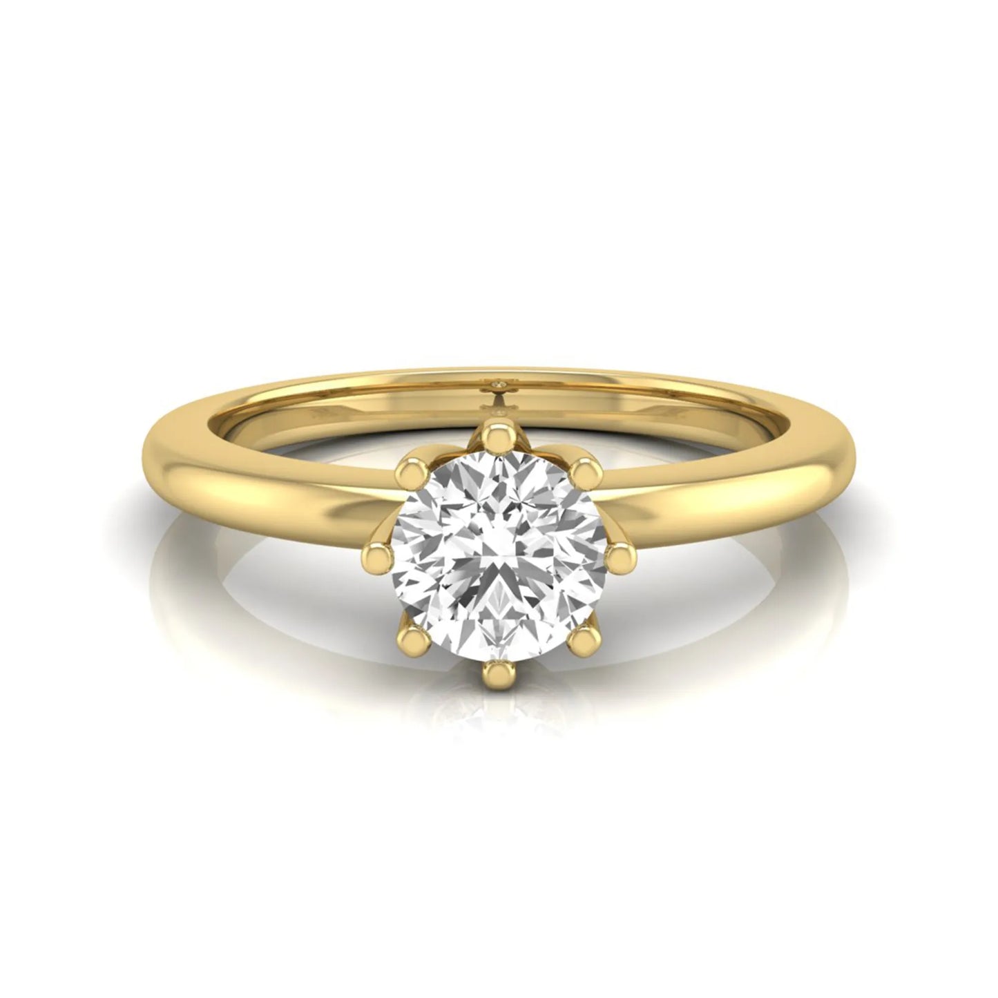 Round cut lab grown diamond 8 prong solitaire engagement ring featuring a 0.50 carat center diamond in yellow gold.