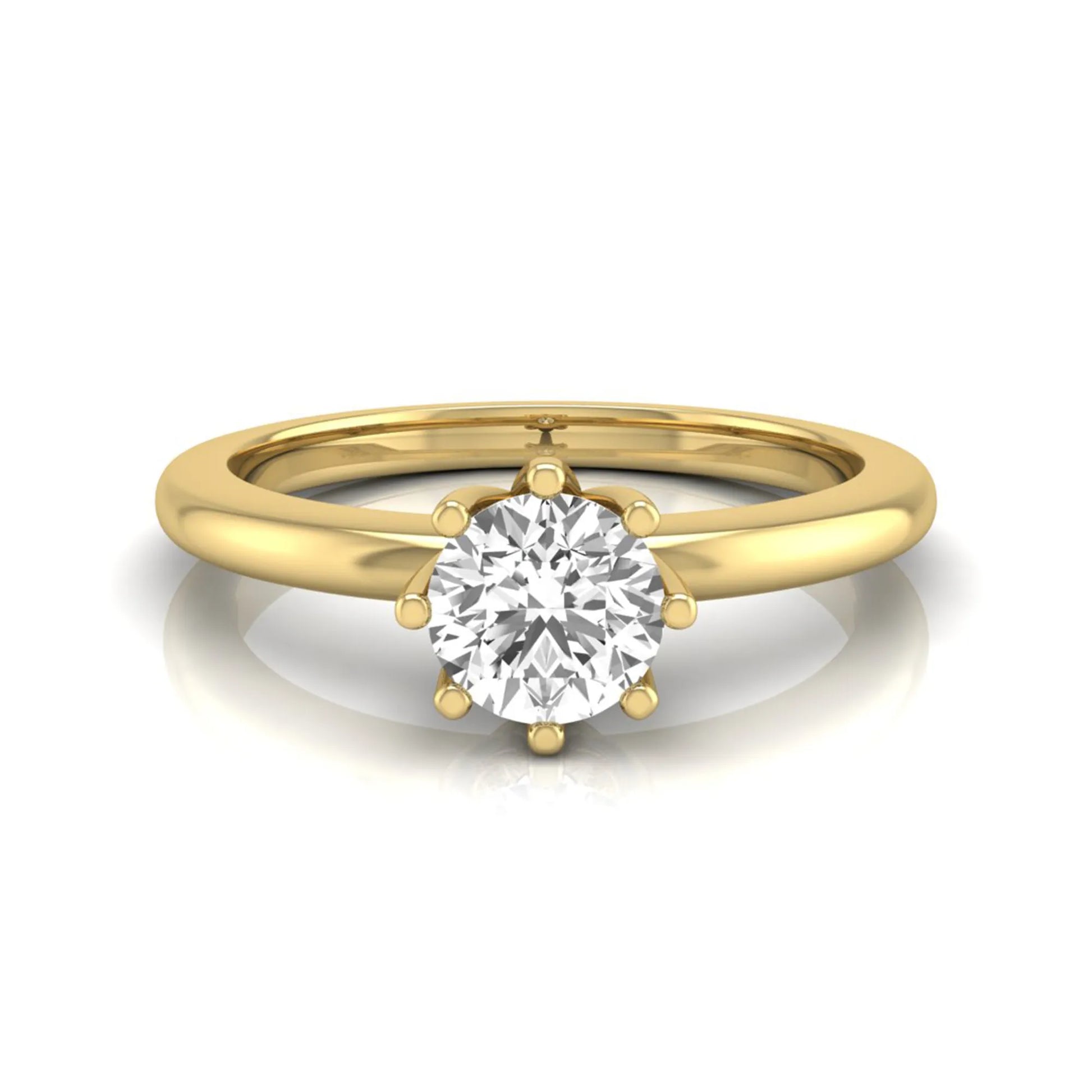 Round cut lab grown diamond 8 prong solitaire engagement ring featuring a 0.50 carat center diamond in yellow gold.