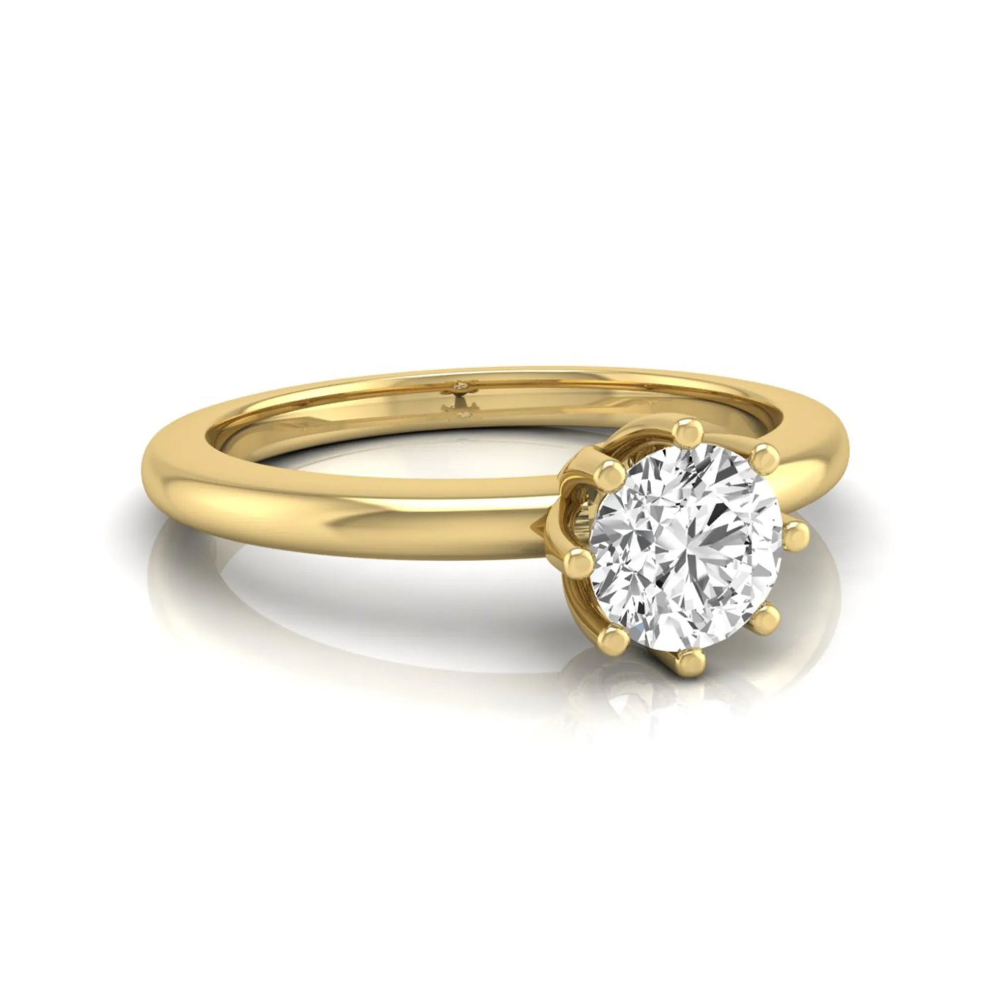 Round cut lab grown diamond 8 prong solitaire engagement ring featuring a 0.50 carat center diamond in yellow gold.
