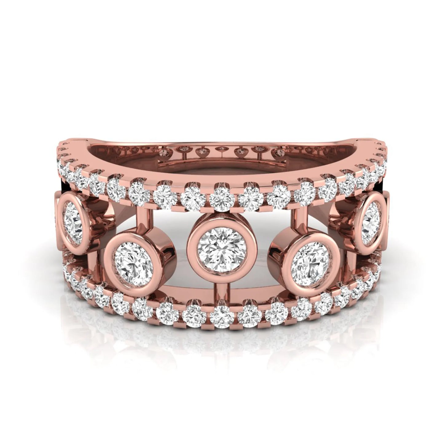 Round cut lab grown diamond bezel openwork wide band ring with pavé diamond accents in rose gold design