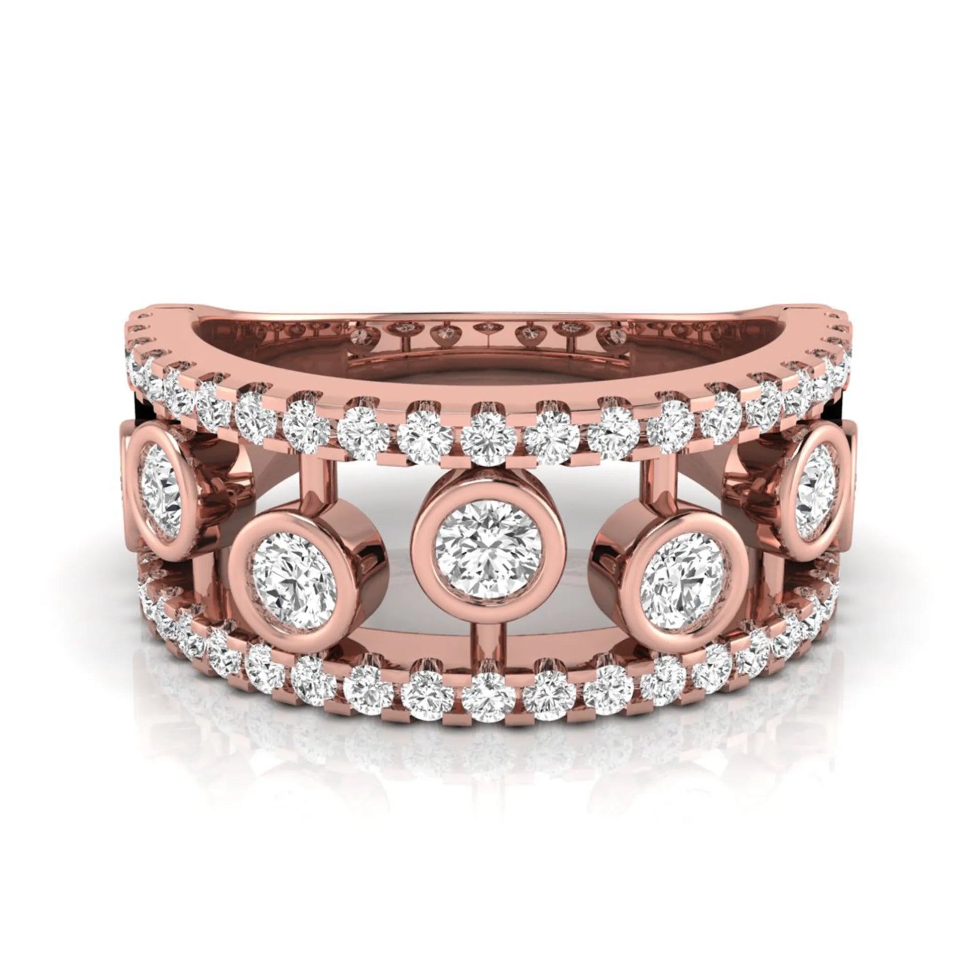 Round cut lab grown diamond bezel openwork wide band ring with pavé diamond accents in rose gold design