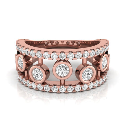 Round cut lab grown diamond bezel openwork wide band ring with pavé diamond accents in rose gold design