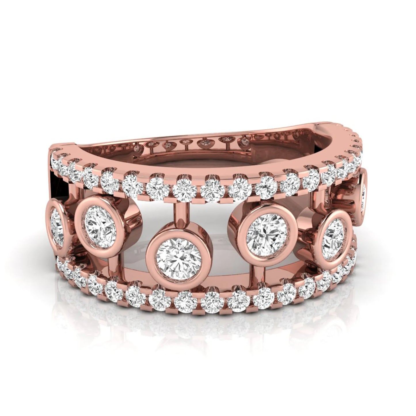 Round cut lab grown diamond bezel openwork wide band ring with pavé diamond accents in rose gold design