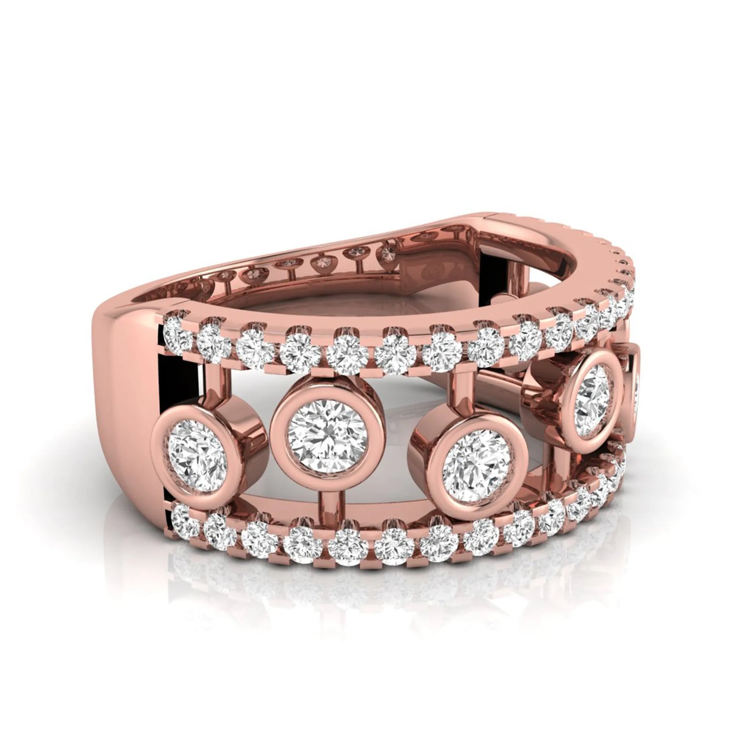 Round cut lab grown diamond bezel openwork wide band ring with pavé diamond accents in rose gold design