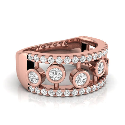 Round cut lab grown diamond bezel openwork wide band ring with pavé diamond accents in rose gold design