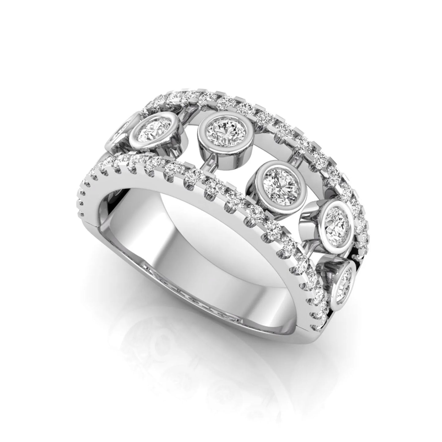 Round cut lab grown diamond bezel openwork wide band ring with pavé diamond accents in white gold design