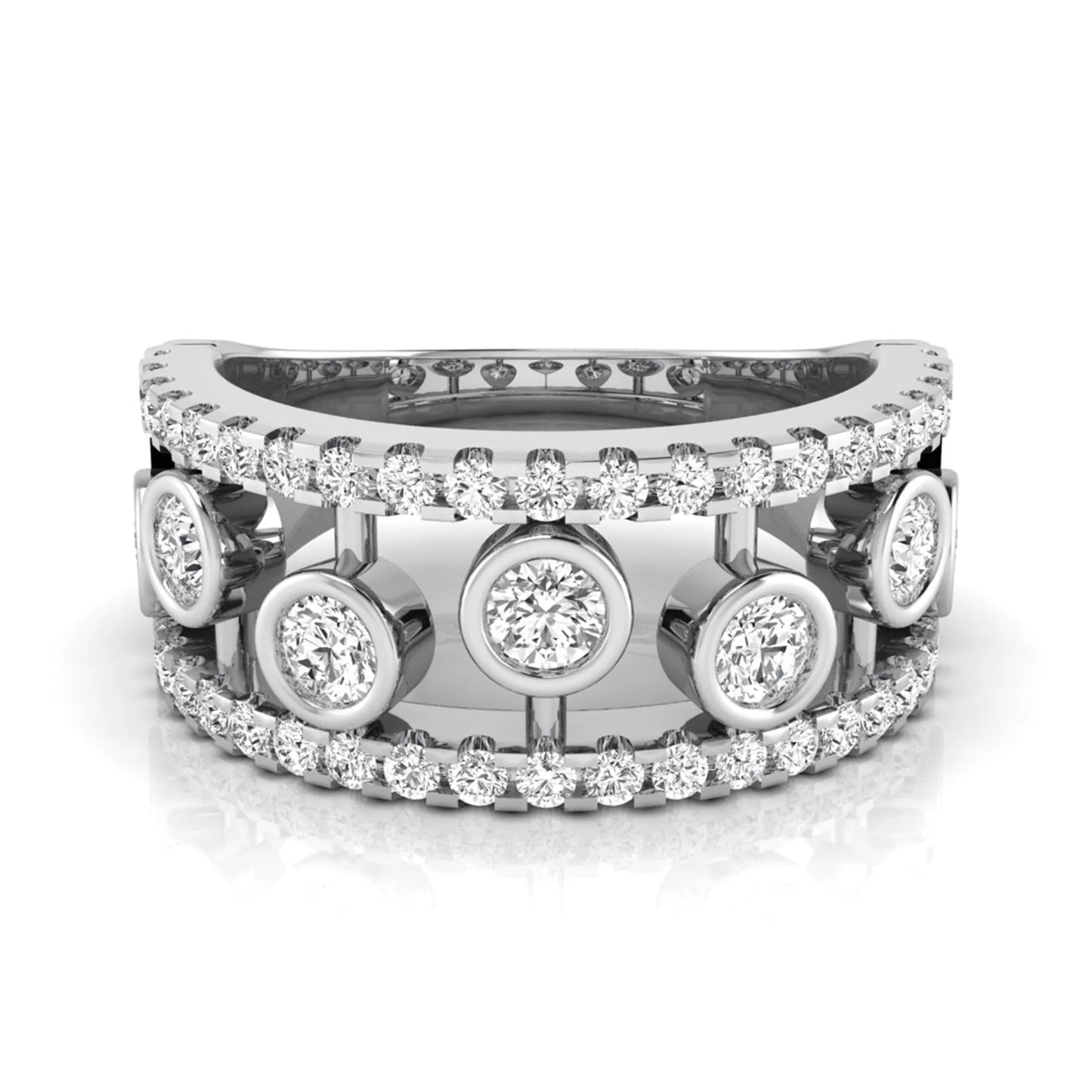 Round cut lab grown diamond bezel openwork wide band ring with pavé diamond accents in white gold design