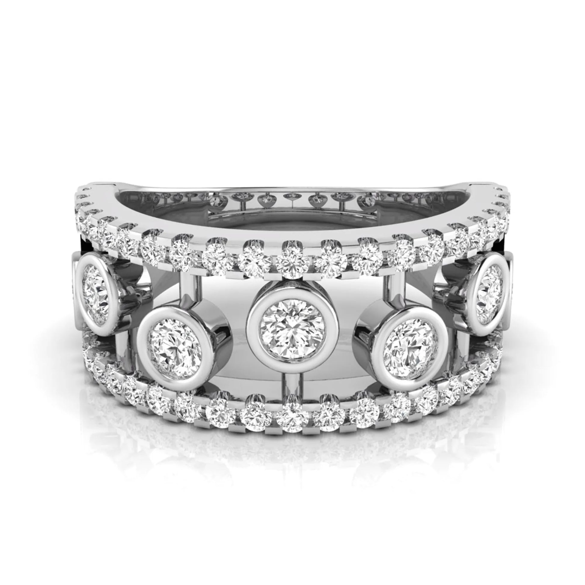 Round cut lab grown diamond bezel openwork wide band ring with pavé diamond accents in white gold design