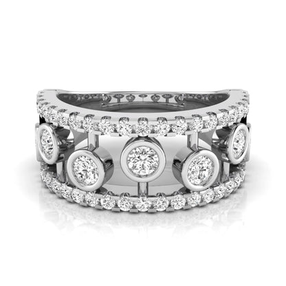 Round cut lab grown diamond bezel openwork wide band ring with pavé diamond accents in white gold design