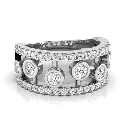 Round cut lab grown diamond bezel openwork wide band ring with pavé diamond accents in white gold design
