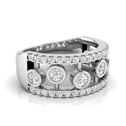 Round cut lab grown diamond bezel openwork wide band ring with pavé diamond accents in white gold design