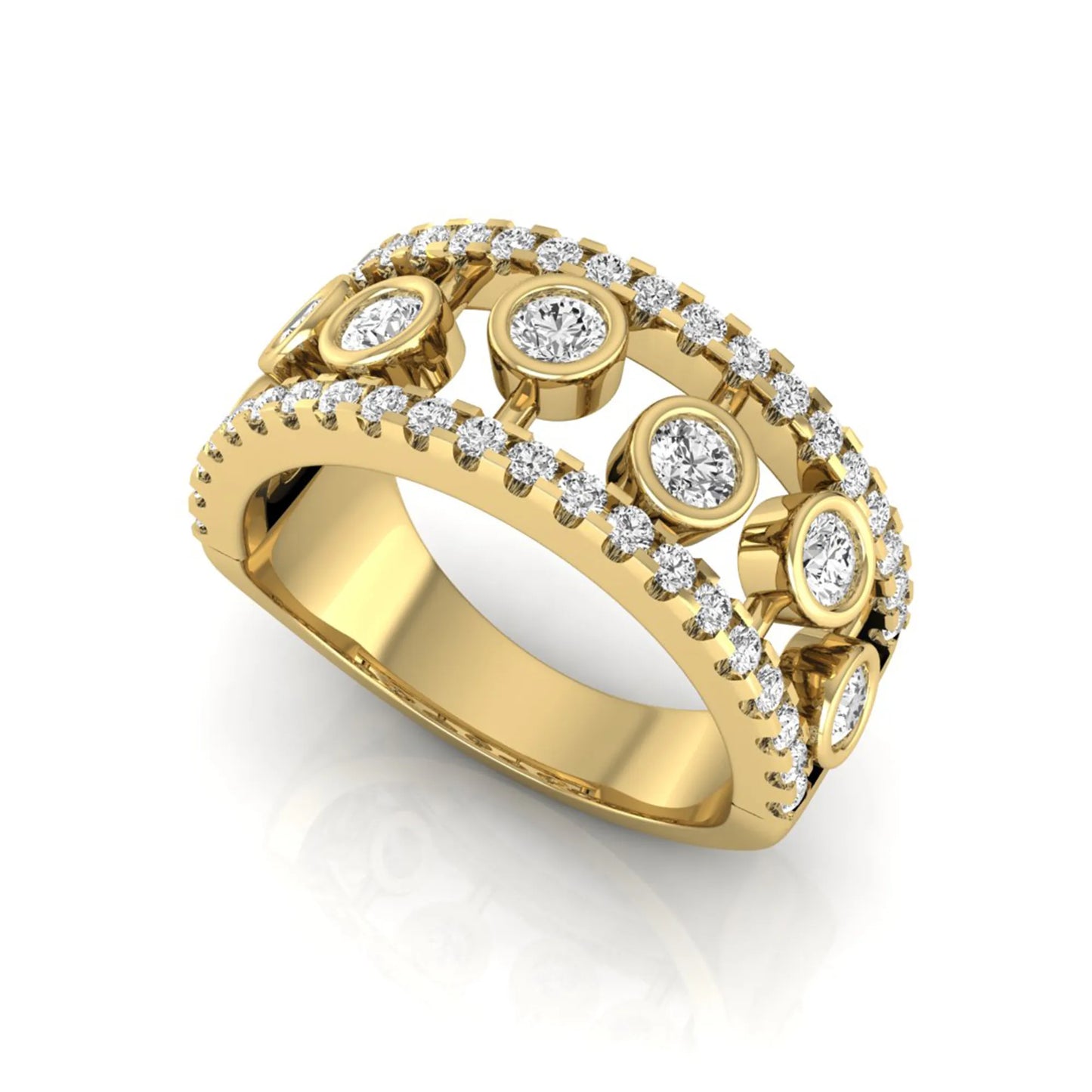 Round cut lab grown diamond bezel openwork wide band ring with pavé diamond accents in yellow gold design