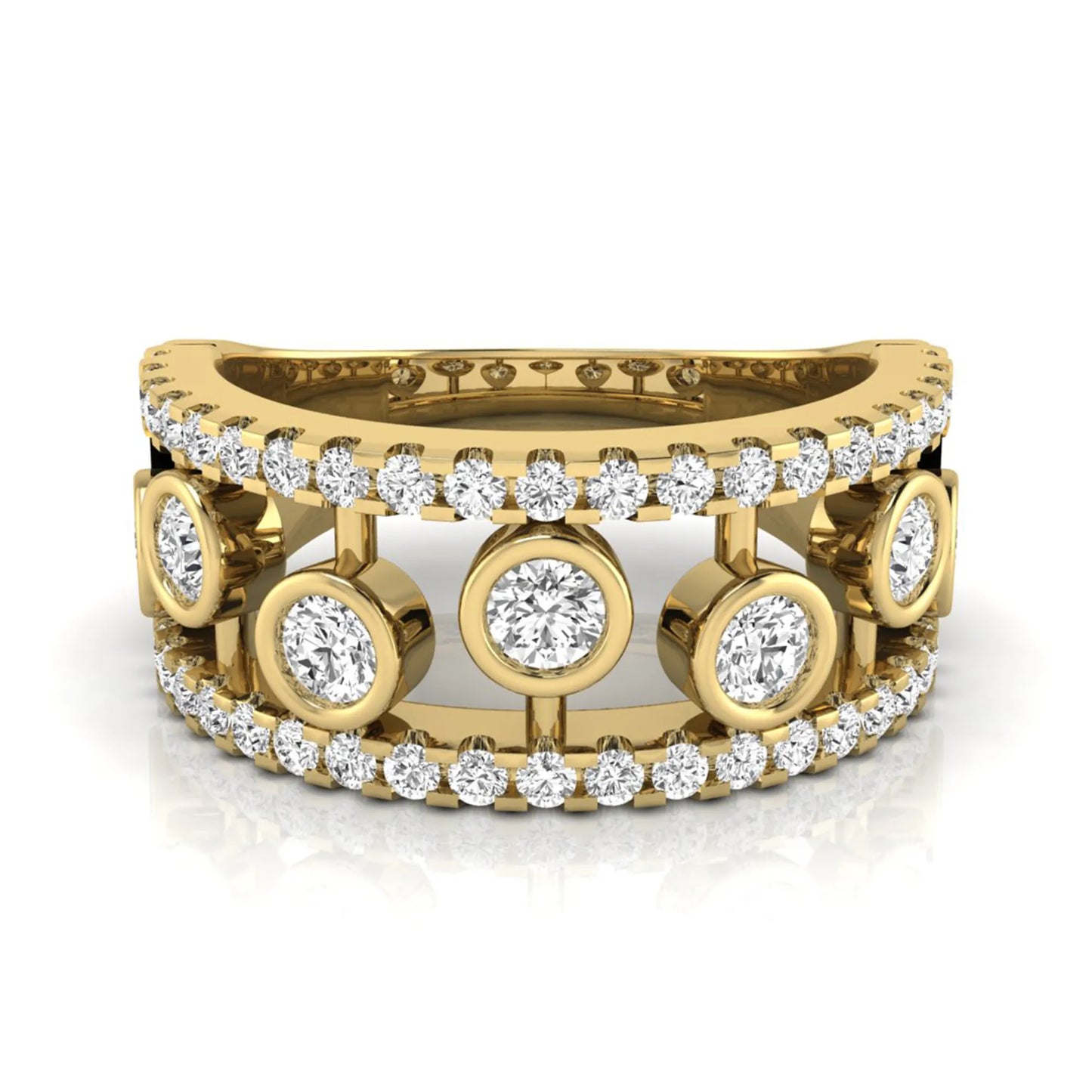Round cut lab grown diamond bezel openwork wide band ring with pavé diamond accents in yellow gold design