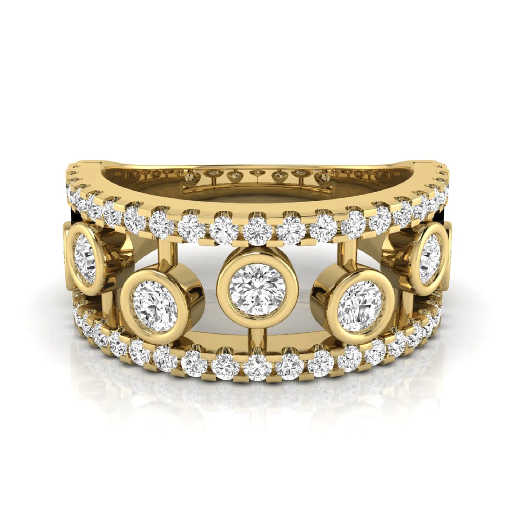 Round cut lab grown diamond bezel openwork wide band ring with pavé diamond accents in yellow gold design