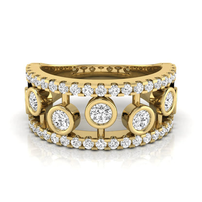 Round cut lab grown diamond bezel openwork wide band ring with pavé diamond accents in yellow gold design