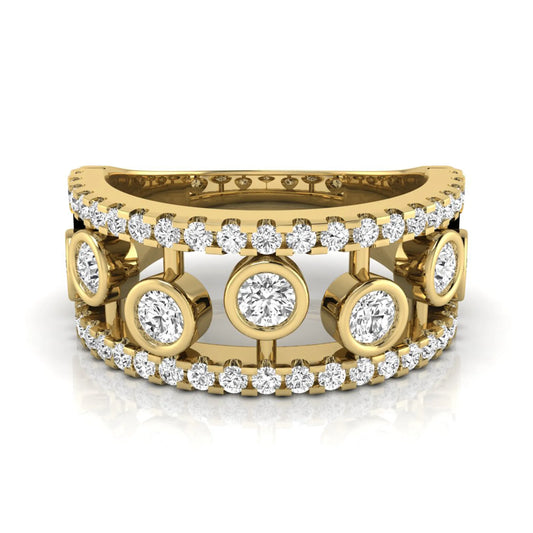 Round cut lab grown diamond bezel openwork wide band ring with pavé diamond accents in yellow gold design