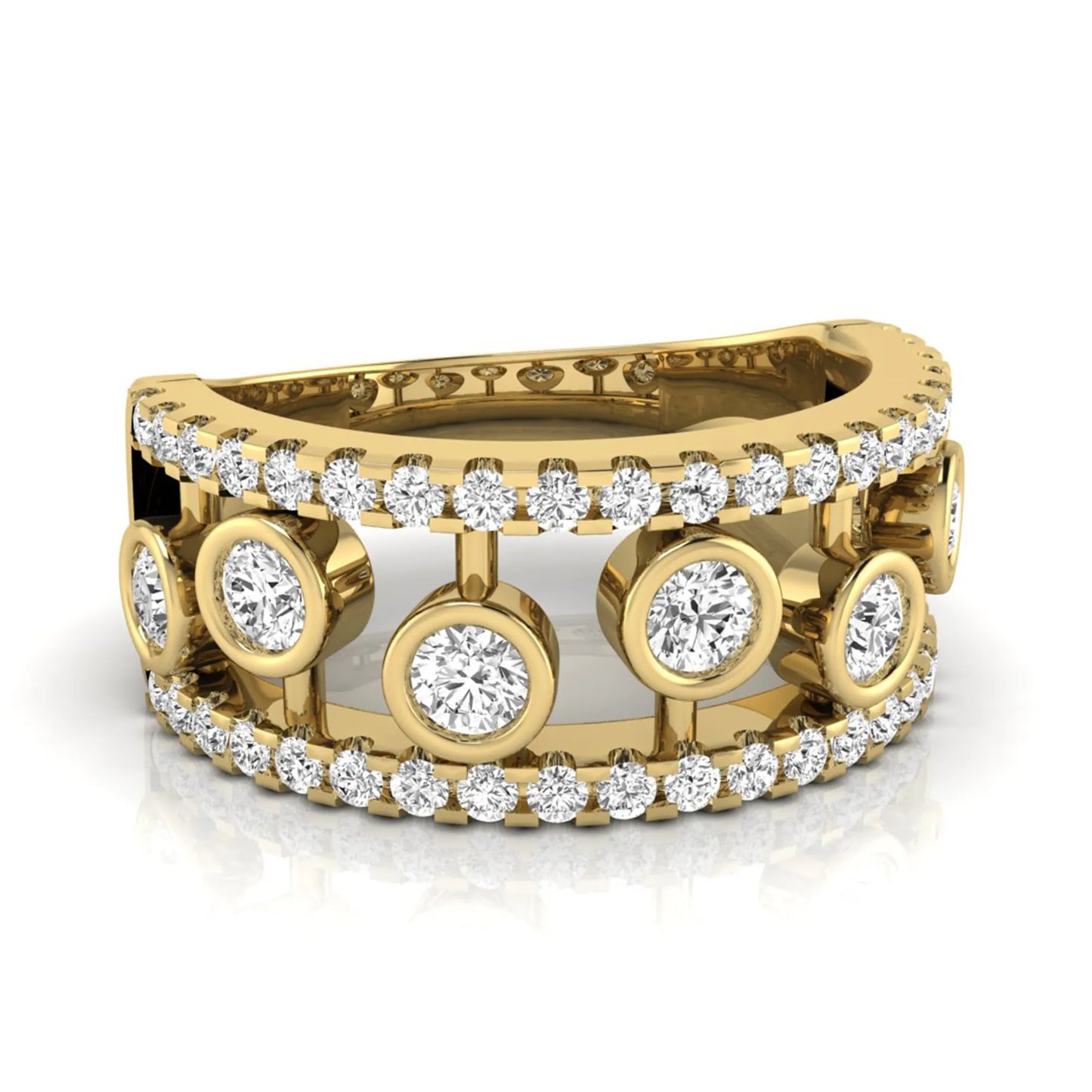 Round cut lab grown diamond bezel openwork wide band ring with pavé diamond accents in yellow gold design