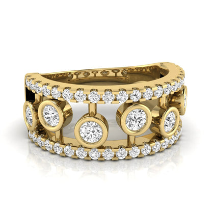 Round cut lab grown diamond bezel openwork wide band ring with pavé diamond accents in yellow gold design