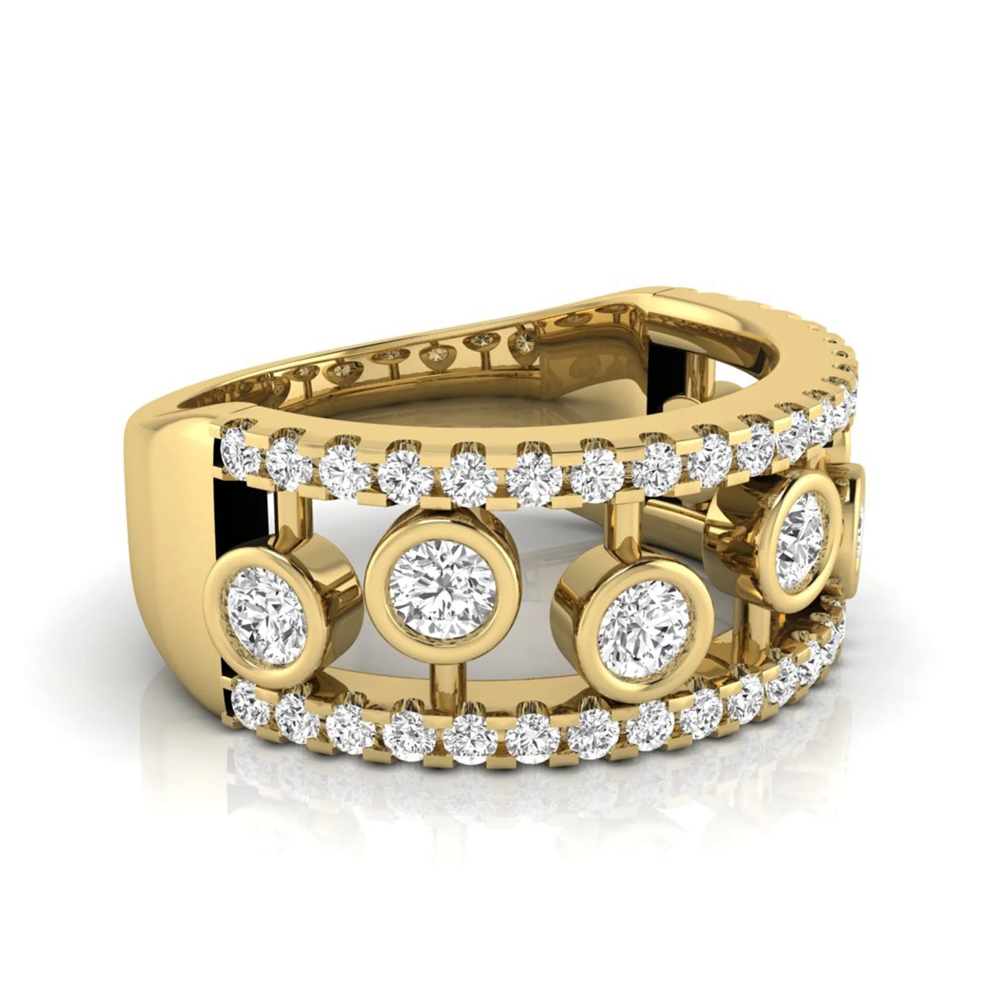 Round cut lab grown diamond bezel openwork wide band ring with pavé diamond accents in yellow gold design