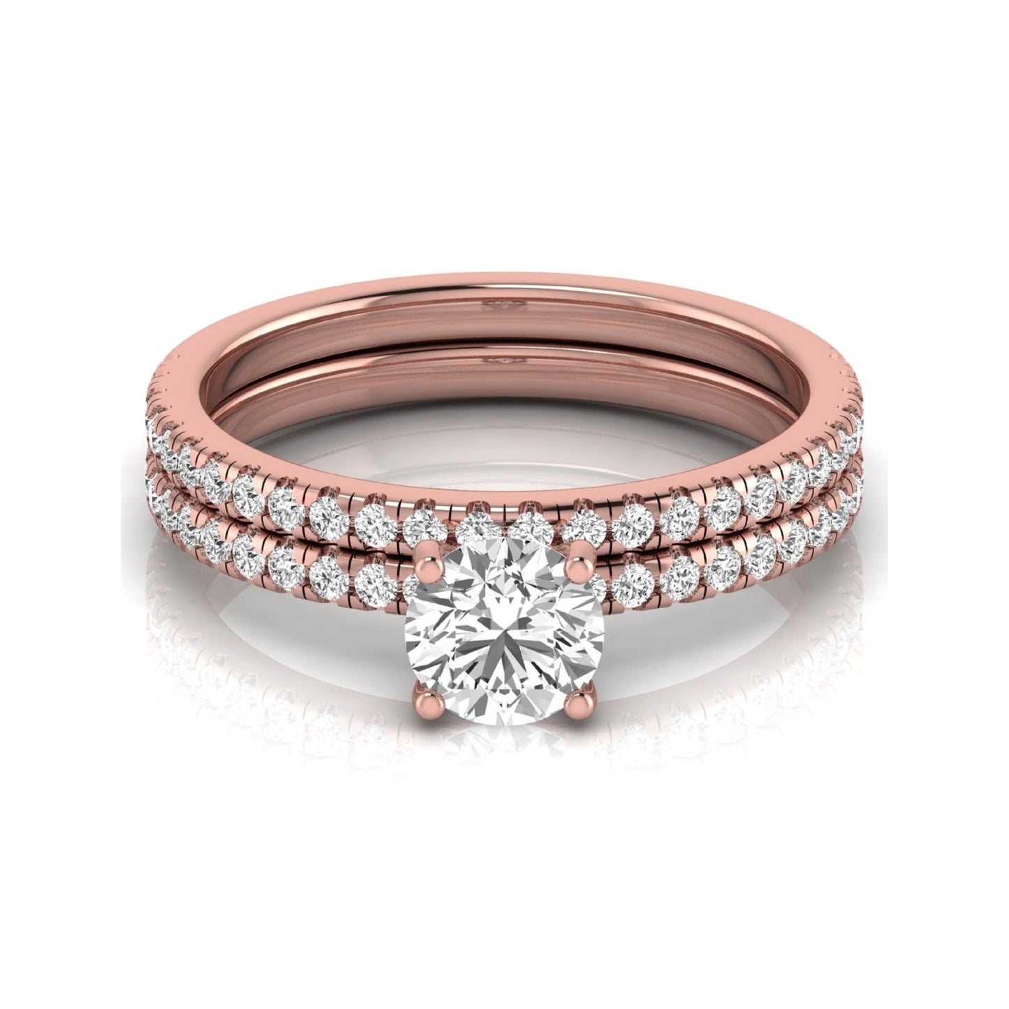 Round cut lab grown diamond bridal ring set featuring a 1.03 carat IGI certified center diamond with matching pavé diamond wedding band in rose gold.