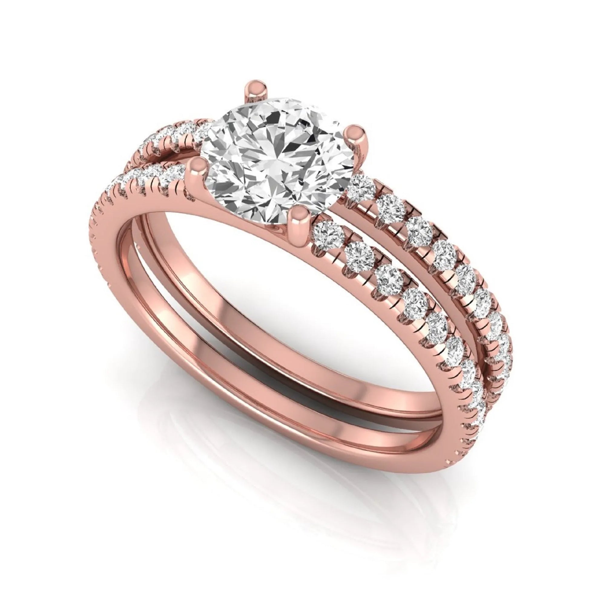 Round cut lab grown diamond bridal ring set featuring a 1.03 carat IGI certified center diamond with matching pavé diamond wedding band in rose gold.