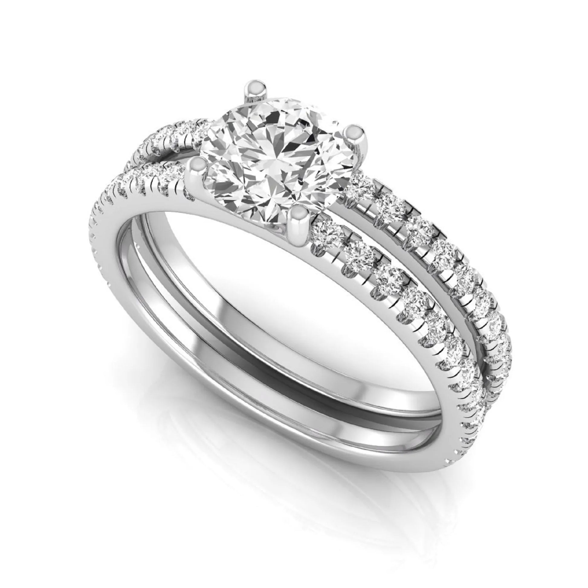 Round cut lab grown diamond bridal ring set featuring a 1.03 carat IGI certified center diamond with matching pavé diamond wedding band in white gold.