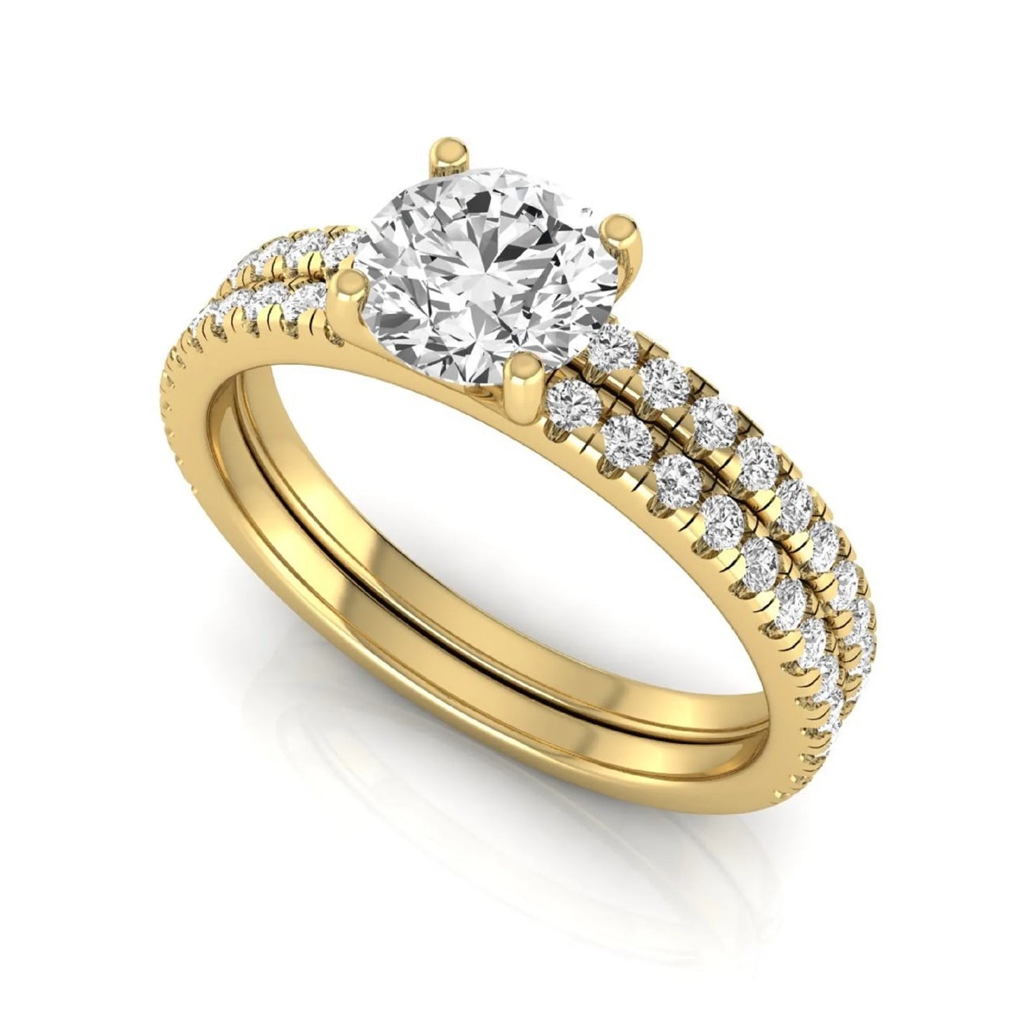 Round cut lab grown diamond bridal ring set featuring a 1.03 carat IGI certified center diamond with matching pavé diamond wedding band in yellow gold.