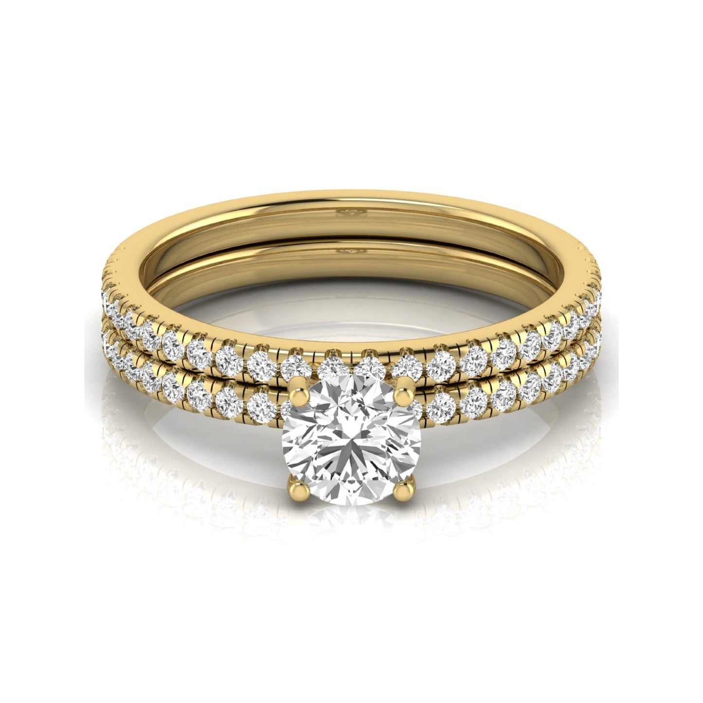 Round cut lab grown diamond bridal ring set featuring a 1.03 carat IGI certified center diamond with matching pavé diamond wedding band in yellow gold.