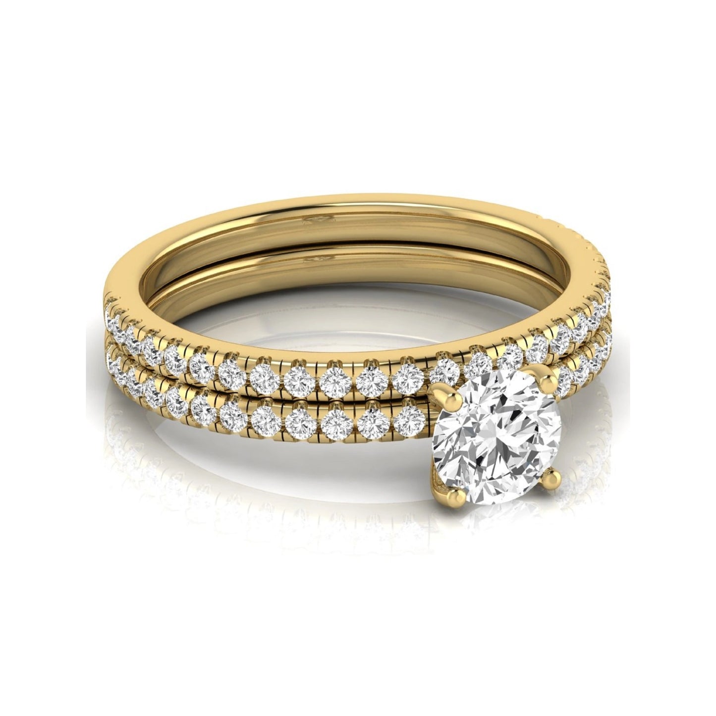 Round cut lab grown diamond bridal ring set featuring a 1.03 carat IGI certified center diamond with matching pavé diamond wedding band in yellow gold.
