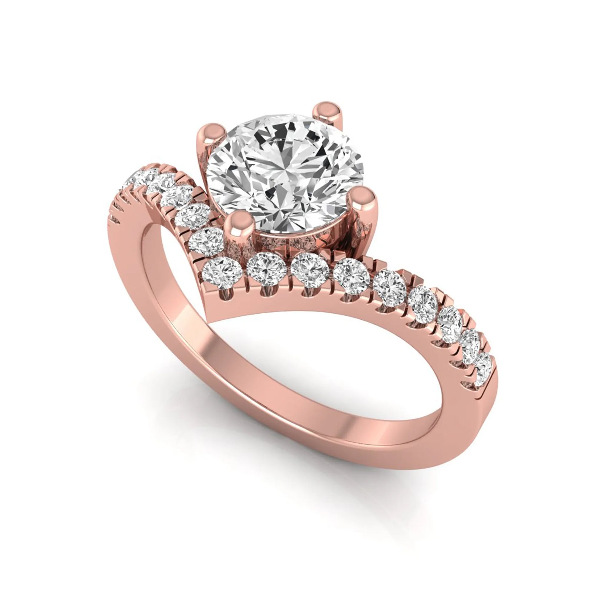Round cut lab grown diamond engagement ring featuring a four-prong setting with a chevron pavé diamond band in rose gold tone.