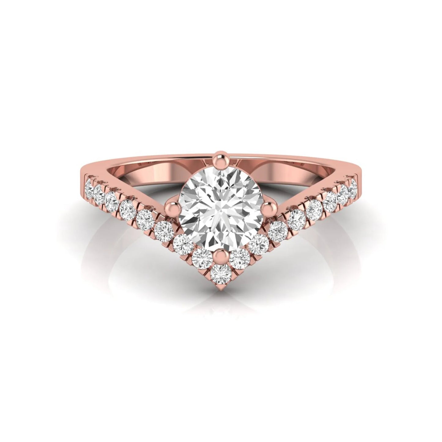 Round cut lab grown diamond engagement ring featuring a four-prong setting with a chevron pavé diamond band in rose gold tone.
