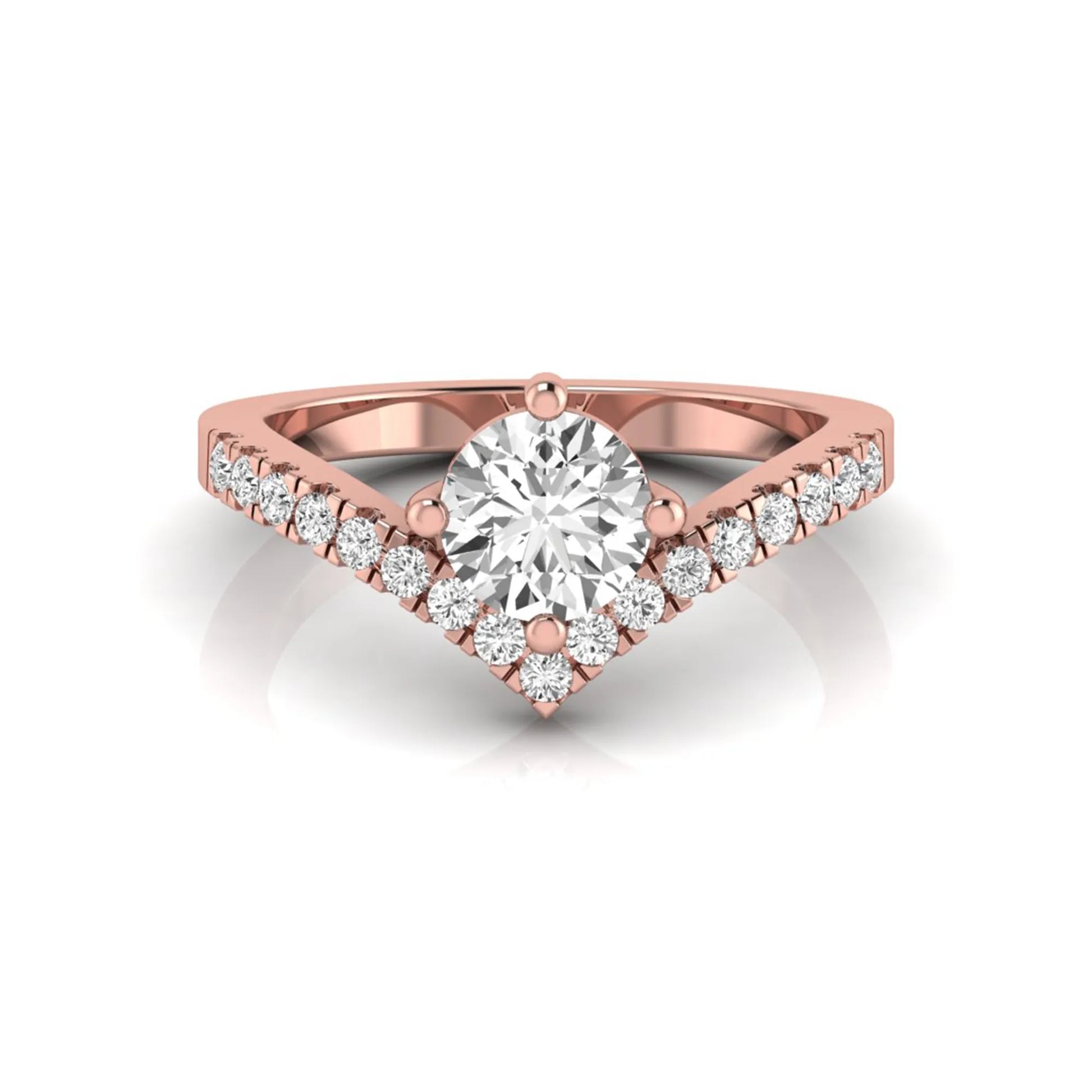Round cut lab grown diamond engagement ring featuring a four-prong setting with a chevron pavé diamond band in rose gold tone.