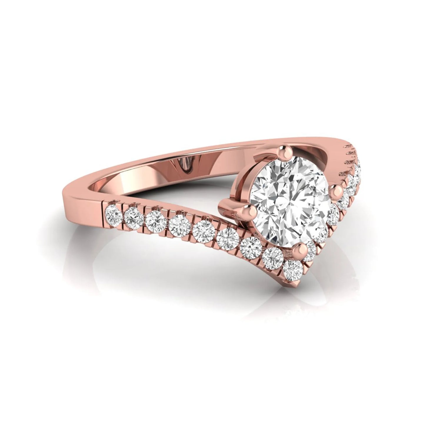 Round cut lab grown diamond engagement ring featuring a four-prong setting with a chevron pavé diamond band in rose gold tone.