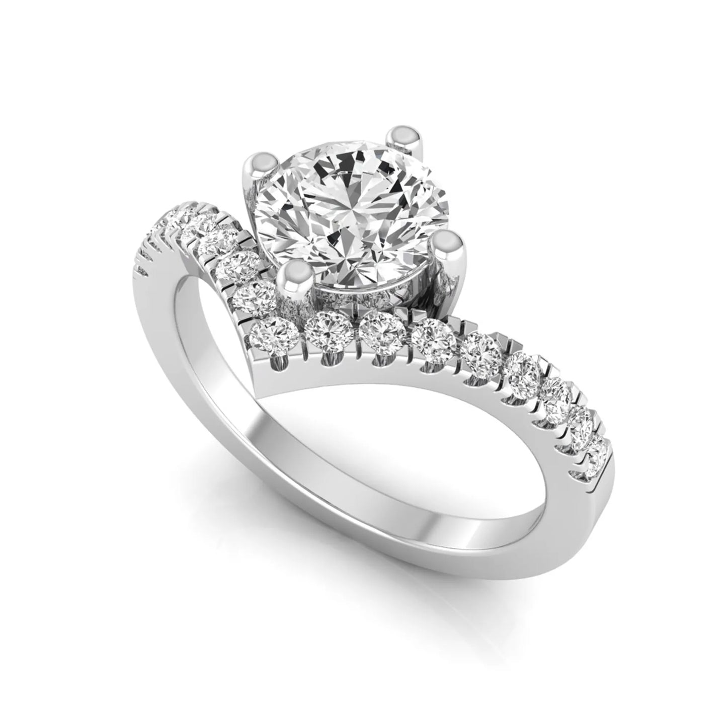 Round cut lab grown diamond engagement ring featuring a four-prong setting with a chevron pavé diamond band in white gold tone.