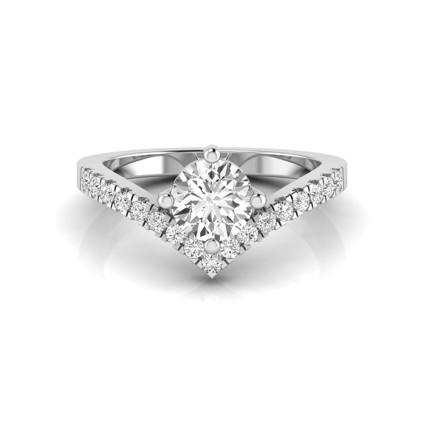 Round cut lab grown diamond engagement ring featuring a four-prong setting with a chevron pavé diamond band in white gold tone.