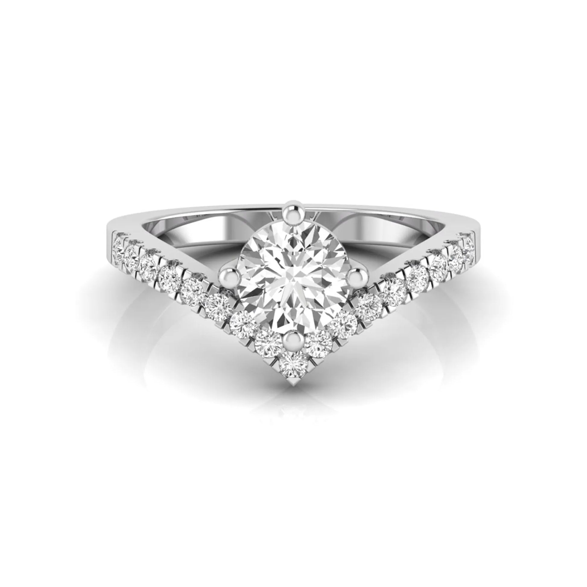 Round cut lab grown diamond engagement ring featuring a four-prong setting with a chevron pavé diamond band in white gold tone.