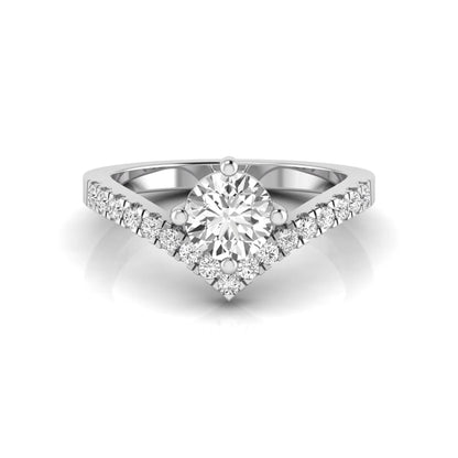 Round cut lab grown diamond engagement ring featuring a four-prong setting with a chevron pavé diamond band in white gold tone.
