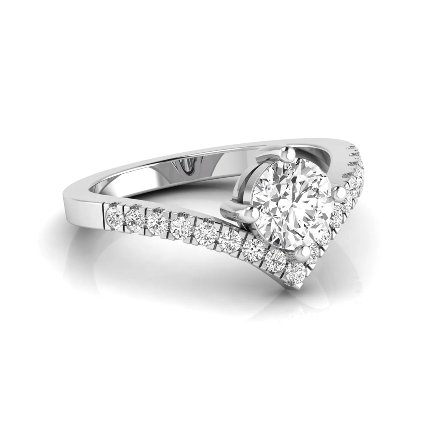 Round cut lab grown diamond engagement ring featuring a four-prong setting with a chevron pavé diamond band in white gold tone.