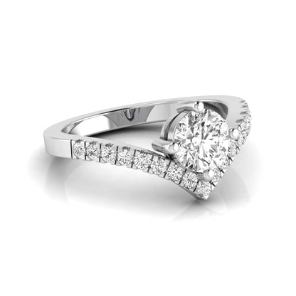 Round cut lab grown diamond engagement ring featuring a four-prong setting with a chevron pavé diamond band in white gold tone.